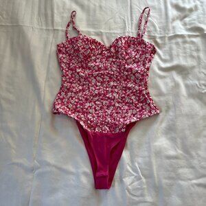 Zara Pink White Floral Pattern Corset Adjustable Strap Bodysuit | Size S